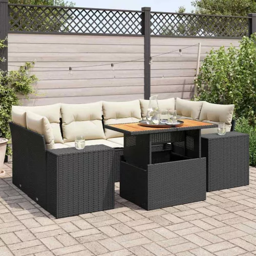  7 részes fekete polyrattan kerti ülőgarnitúra párnával