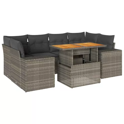  7 részes szürke polyrattan kerti ülőgarnitúra párnákkal