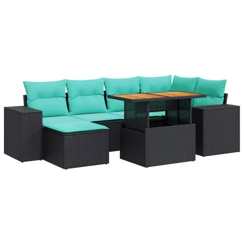  7 részes fekete polyrattan kerti ülőgarnitúra párnával