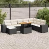  9 részes fekete polyrattan akácfa kerti ülőgarnitúra párnákkal