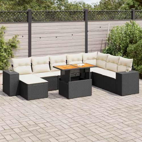  9 részes fekete polyrattan akácfa kerti ülőgarnitúra párnákkal