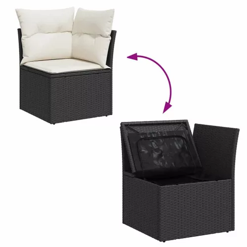  9 részes fekete polyrattan akácfa kerti ülőgarnitúra párnákkal