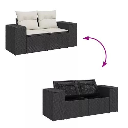  9 részes fekete polyrattan akácfa kerti ülőgarnitúra párnákkal