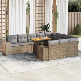    10 részes bézs polyrattan akácfa kerti ülőgarnitúra párnával