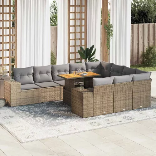  10 részes bézs polyrattan akácfa kerti ülőgarnitúra párnával