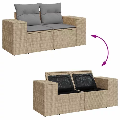  10 részes bézs polyrattan akácfa kerti ülőgarnitúra párnával