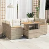  6 részes bézs polyrattan akácfa kerti ülőgarnitúra párnával