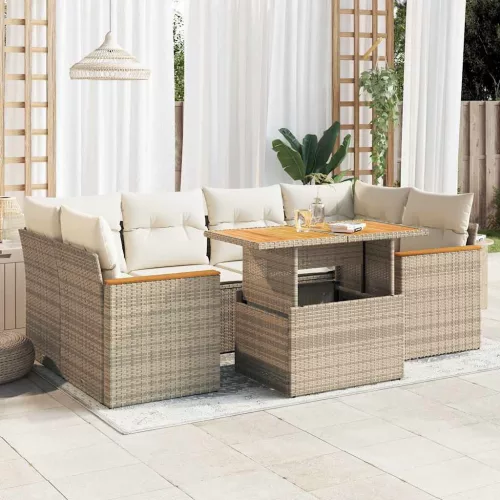  6 részes bézs polyrattan akácfa kerti ülőgarnitúra párnával