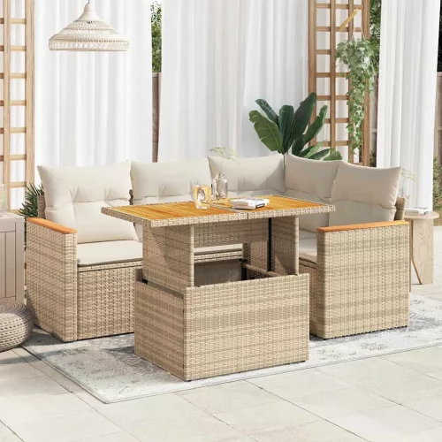  5 részes bézs polyrattan és akácfa kerti ülőgarnitúra párnákkal