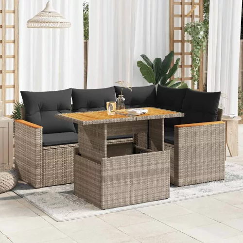  5 részes szürke polyrattan akácfa kerti ülőgarnitúra párnákkal