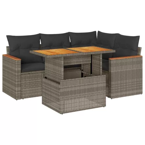  5 részes szürke polyrattan akácfa kerti ülőgarnitúra párnákkal