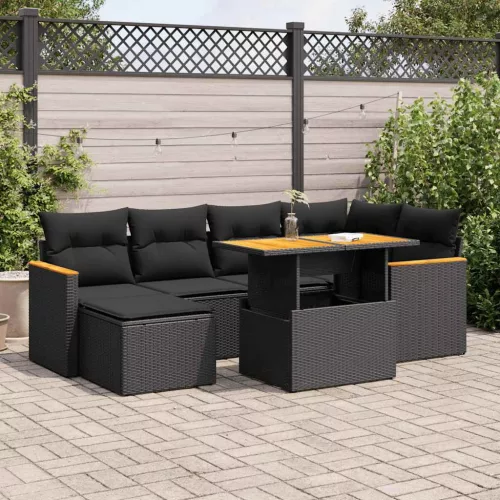  7 részes fekete polyrattan akácfa kerti ülőgarnitúra párnával