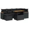  7 részes fekete polyrattan akácfa kerti ülőgarnitúra párnával