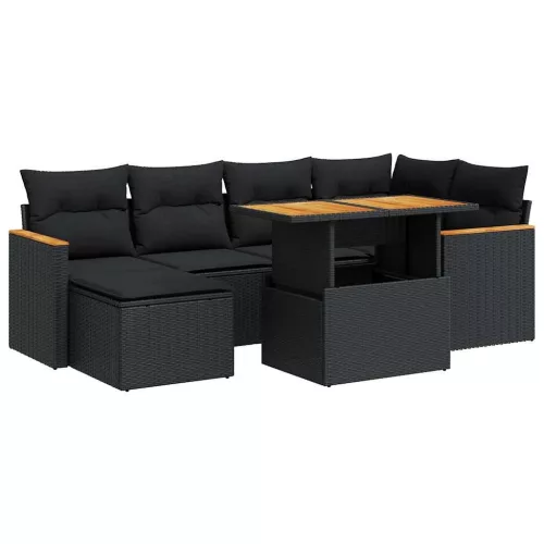  7 részes fekete polyrattan akácfa kerti ülőgarnitúra párnával