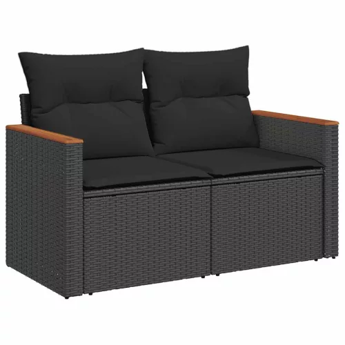  7 részes fekete polyrattan akácfa kerti ülőgarnitúra párnával