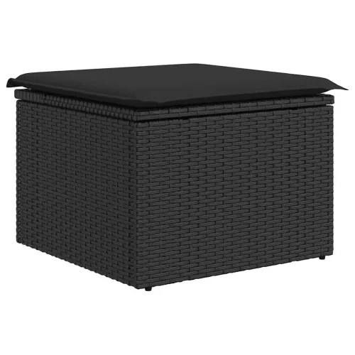  7 részes fekete polyrattan akácfa kerti ülőgarnitúra párnával