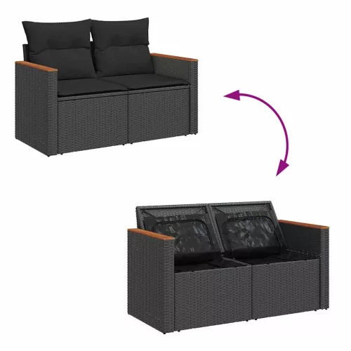  7 részes fekete polyrattan akácfa kerti ülőgarnitúra párnával