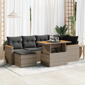    7 részes szürke polyrattan akácfa kerti ülőgarnitúra párnákkal