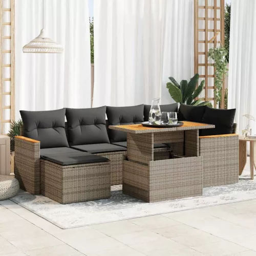  7 részes szürke polyrattan akácfa kerti ülőgarnitúra párnákkal