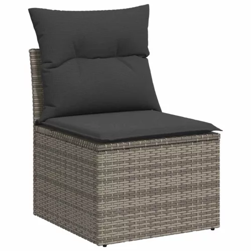  7 részes szürke polyrattan akácfa kerti ülőgarnitúra párnákkal