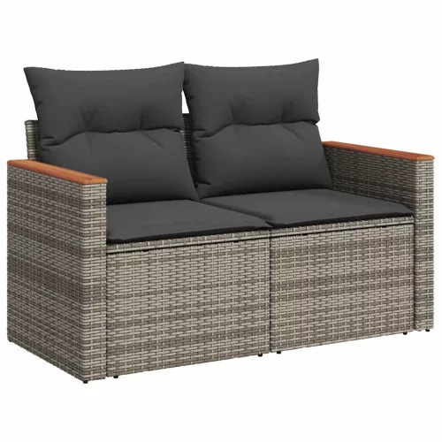  7 részes szürke polyrattan akácfa kerti ülőgarnitúra párnákkal