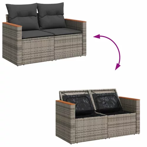  7 részes szürke polyrattan akácfa kerti ülőgarnitúra párnákkal