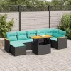  8 részes fekete polyrattan akácfa kerti ülőgarnitúra párnákkal