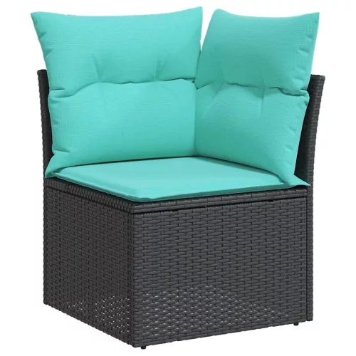  8 részes fekete polyrattan akácfa kerti ülőgarnitúra párnákkal