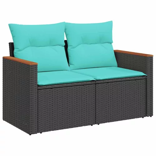  8 részes fekete polyrattan akácfa kerti ülőgarnitúra párnákkal