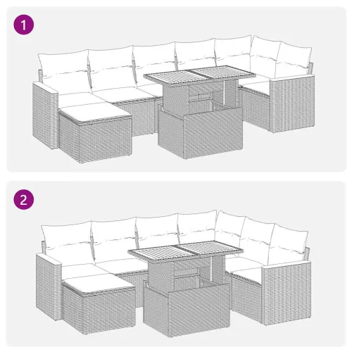  8 részes fekete polyrattan akácfa kerti ülőgarnitúra párnákkal