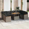  10 részes szürke polyrattan akácfa kerti ülőgarnitúra párnákkal