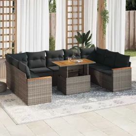    10 részes szürke polyrattan akácfa kerti ülőgarnitúra párnákkal