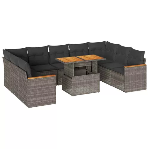  10 részes szürke polyrattan akácfa kerti ülőgarnitúra párnákkal