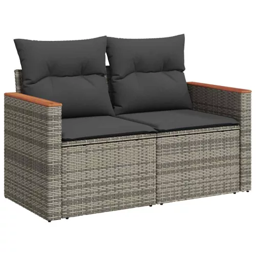  10 részes szürke polyrattan akácfa kerti ülőgarnitúra párnákkal