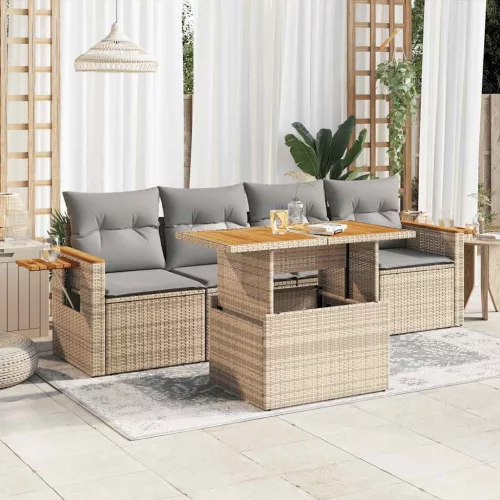  5 részes bézs polyrattan és akácfa kerti ülőgarnitúra párnákkal