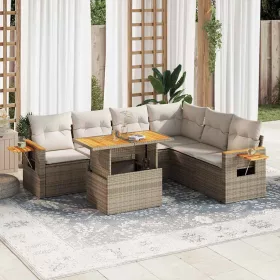    7 részes bézs polyrattan akácfa kerti ülőgarnitúra párnákkal
