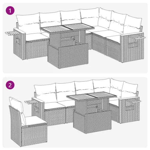  7 részes bézs polyrattan akácfa kerti ülőgarnitúra párnákkal