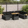  9 részes fekete polyrattan akácfa kerti ülőgarnitúra párnákkal