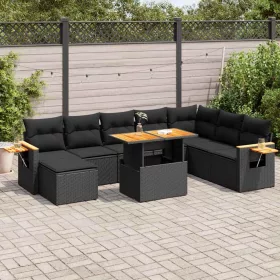    9 részes fekete polyrattan akácfa kerti ülőgarnitúra párnákkal