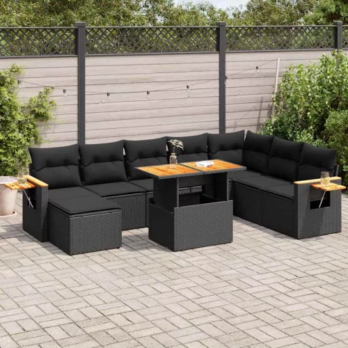 9 részes fekete polyrattan akácfa kerti ülőgarnitúra párnákkal