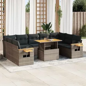    10 részes szürke polyrattan akácfa kerti ülőgarnitúra párnákkal