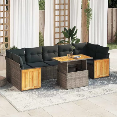  8 részes szürke polyrattan akácfa kerti ülőgarnitúra párnákkal