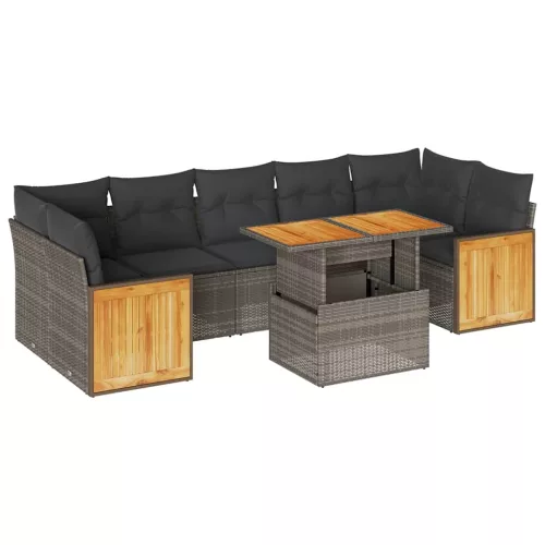  8 részes szürke polyrattan akácfa kerti ülőgarnitúra párnákkal