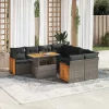  9 részes szürke polyrattan akácfa kerti ülőgarnitúra párnákkal