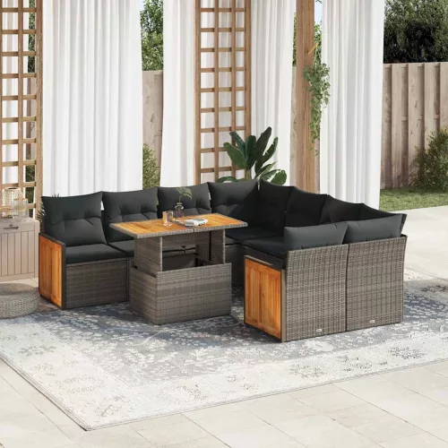  9 részes szürke polyrattan akácfa kerti ülőgarnitúra párnákkal