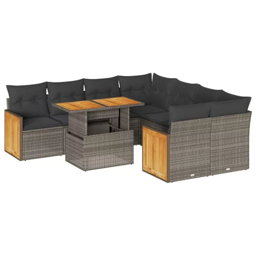  9 részes szürke polyrattan akácfa kerti ülőgarnitúra párnákkal