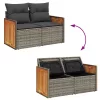  9 részes szürke polyrattan akácfa kerti ülőgarnitúra párnákkal