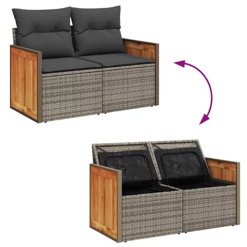  9 részes szürke polyrattan akácfa kerti ülőgarnitúra párnákkal