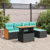  6 részes fekete polyrattan akácfa kerti ülőgarnitúra párnákkal