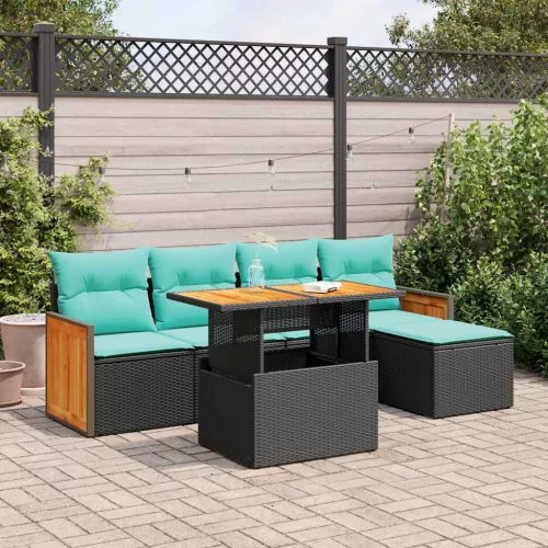  6 részes fekete polyrattan akácfa kerti ülőgarnitúra párnákkal